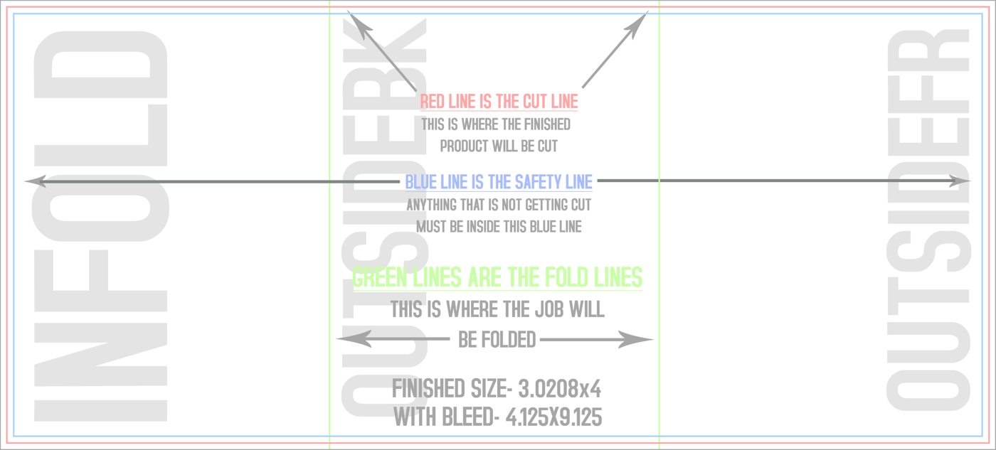 Flyers & Brochures 4" x 9" Tri Fold Front/Outside (Horizontal) trim, safety and fold template guide