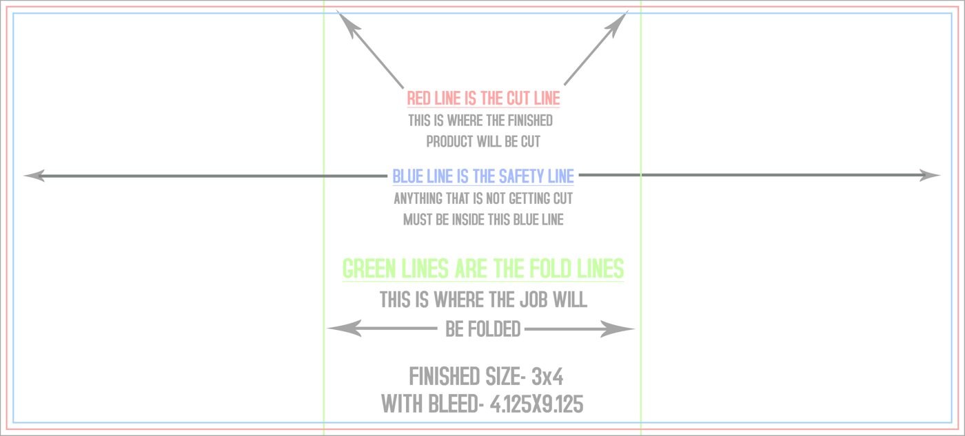 Flyers & Brochures 4" x 9" Z Fold (Horizontal) trim, safety and fold template guide