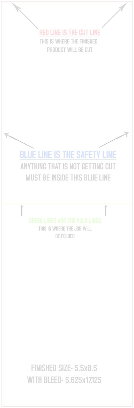 Flyers & Brochures 5.5" x 17" Half Fold (Horizontal) Portrait trim, safety and fold template guide