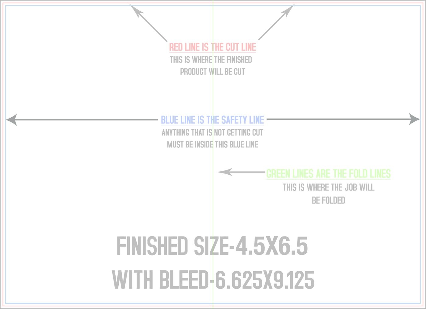 Flyers & Brochures 6.5" x 9" Half Fold (Horizontal) Landscape trim, safety and fold template guide