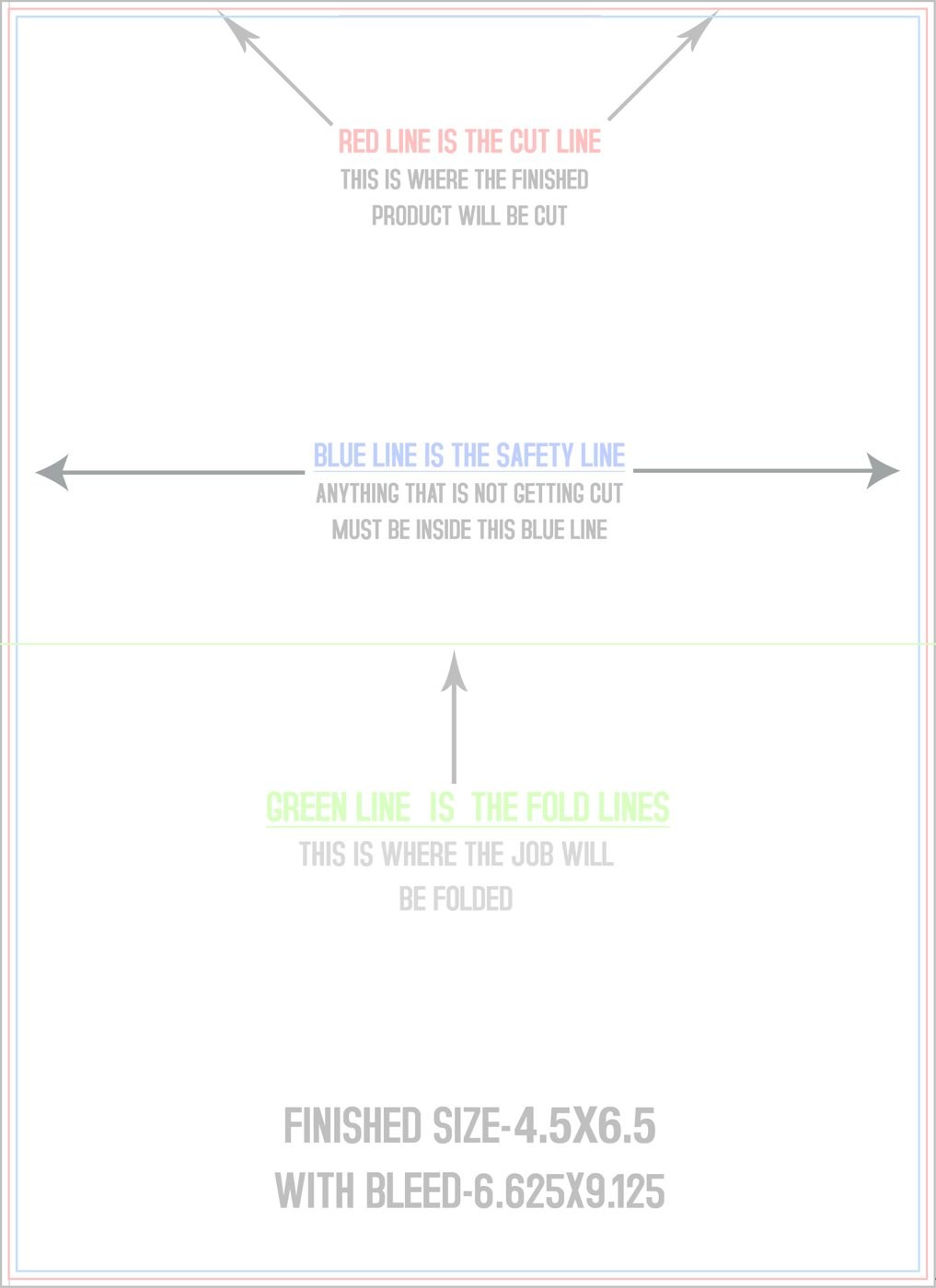 Flyers & Brochures 6.5" x 9" Half Fold (Horizontal) Portrait trim, safety and fold template guide