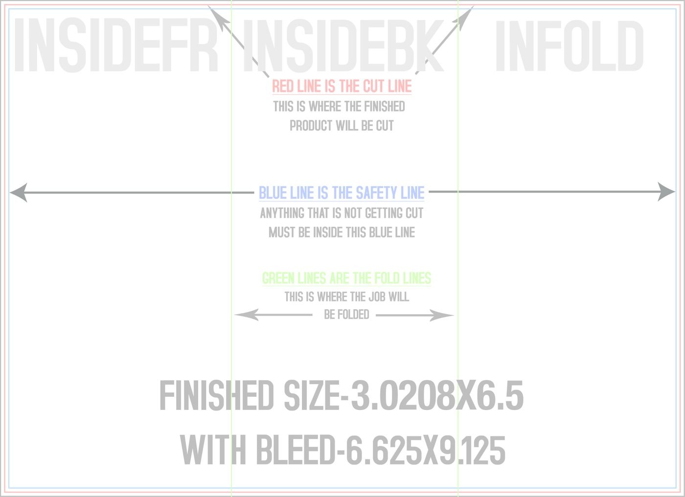 Flyers & Brochures 6.5" x 9" Tri Fold Back/Inside (Horizontal) trim, safety and fold template guide