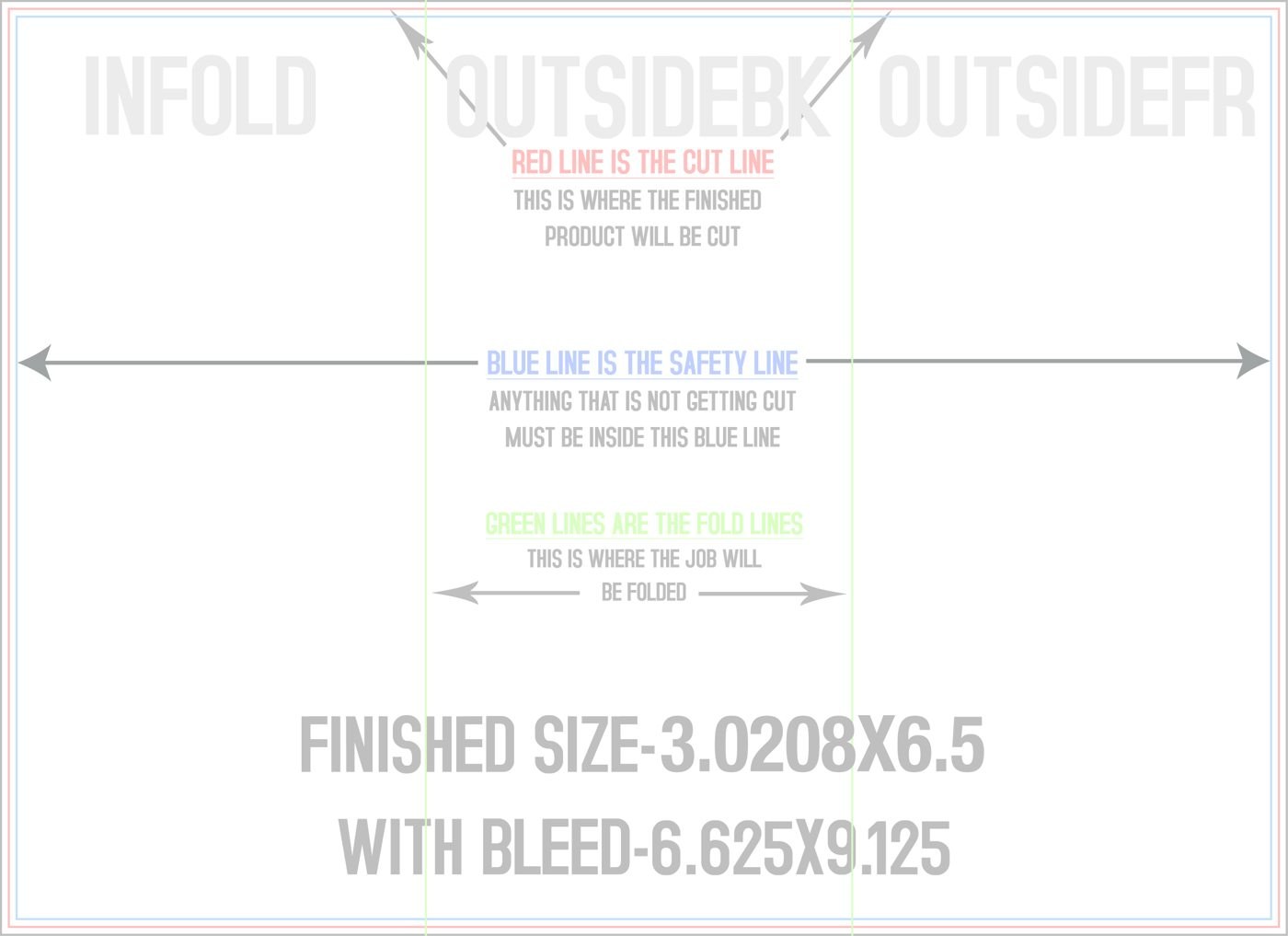 Flyers & Brochures 6.5" x 9" Tri Fold Front/Outside (Horizontal) trim, safety and fold template guide