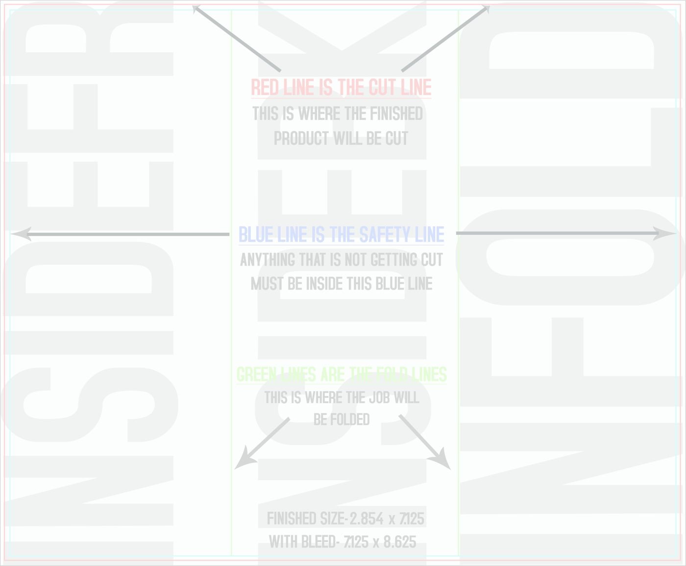 Flyers & Brochures 7" x 8.5" Tri Fold Back/Inside (Horizontal) trim, safety and fold template guide