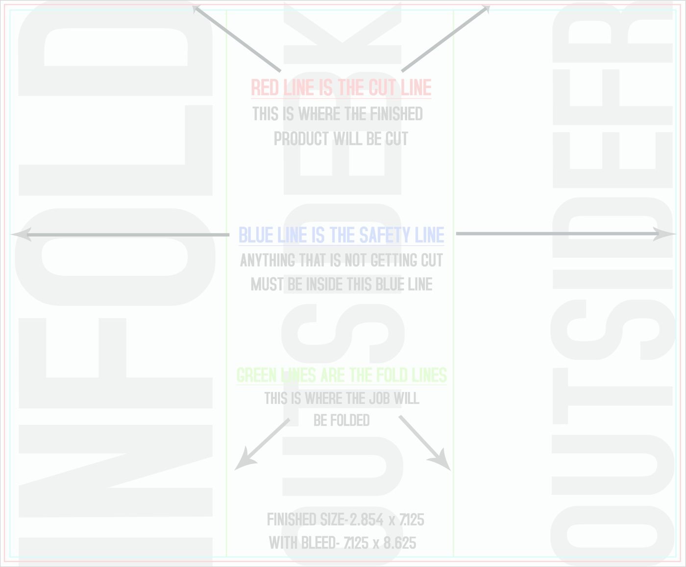 Flyers & Brochures 7" x 8.5" Tri Fold Front/Outside (Horizontal) trim, safety and fold template guide