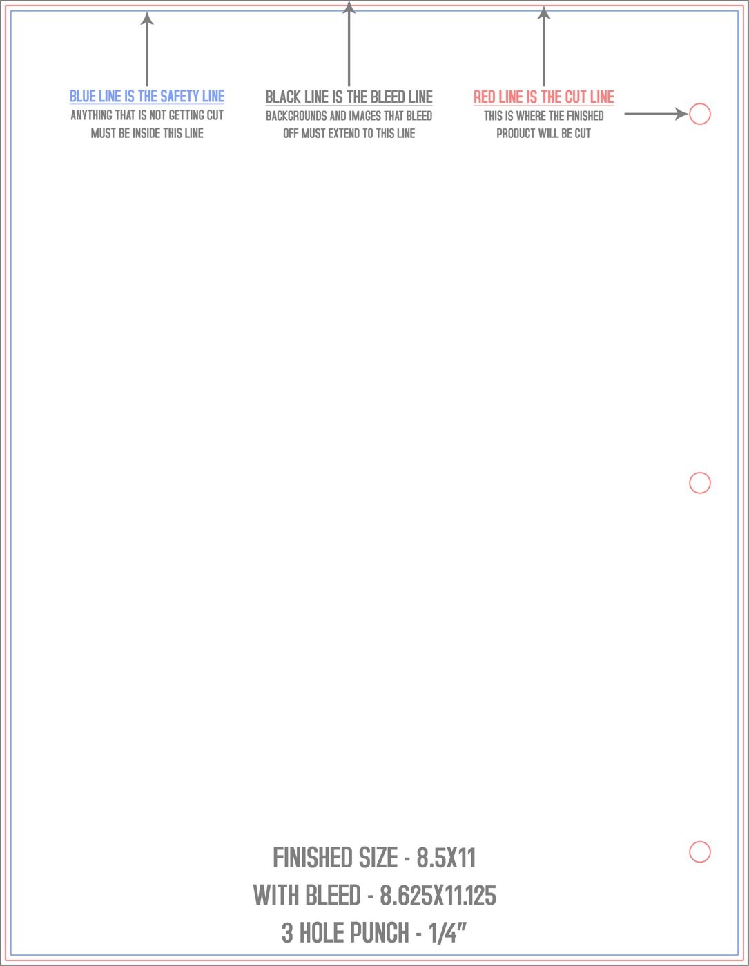 Flyers & Brochures 8.5" x 11" 3 Hole Punch Back trim, safety and fold template guide