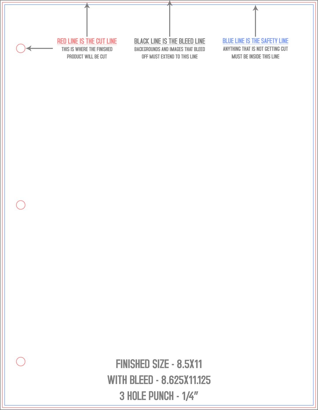 Flyers & Brochures 8.5" x 11" 3 Hole Punch Front trim, safety and fold template guide