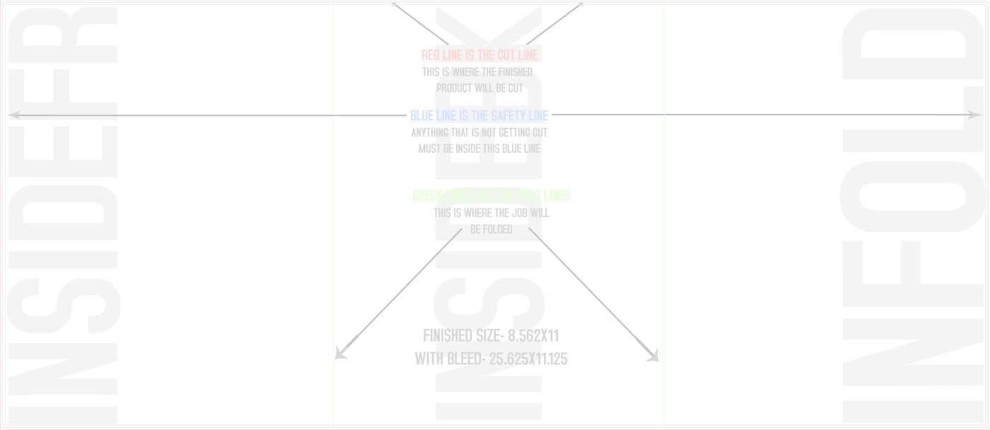 Flyers & Brochures 8.5" x 11" 6 Page (25.5" x 11") Back/Inside trim, safety and fold template guide