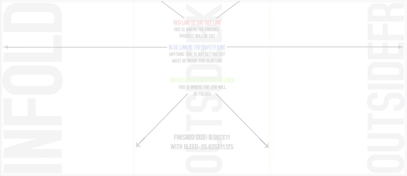 Flyers & Brochures 8.5" x 11" 6 Page (25.5" x 11") Front/Outside trim, safety and fold template guide