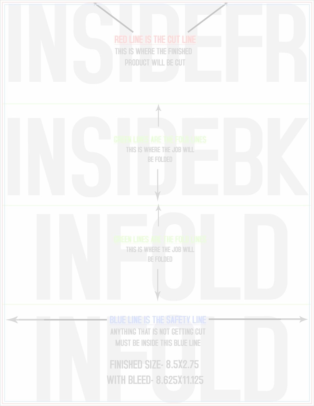 Flyers & Brochures 8.5" x 11" Double Parallel Fold Back/Inside (Vertical) trim, safety and fold template guide