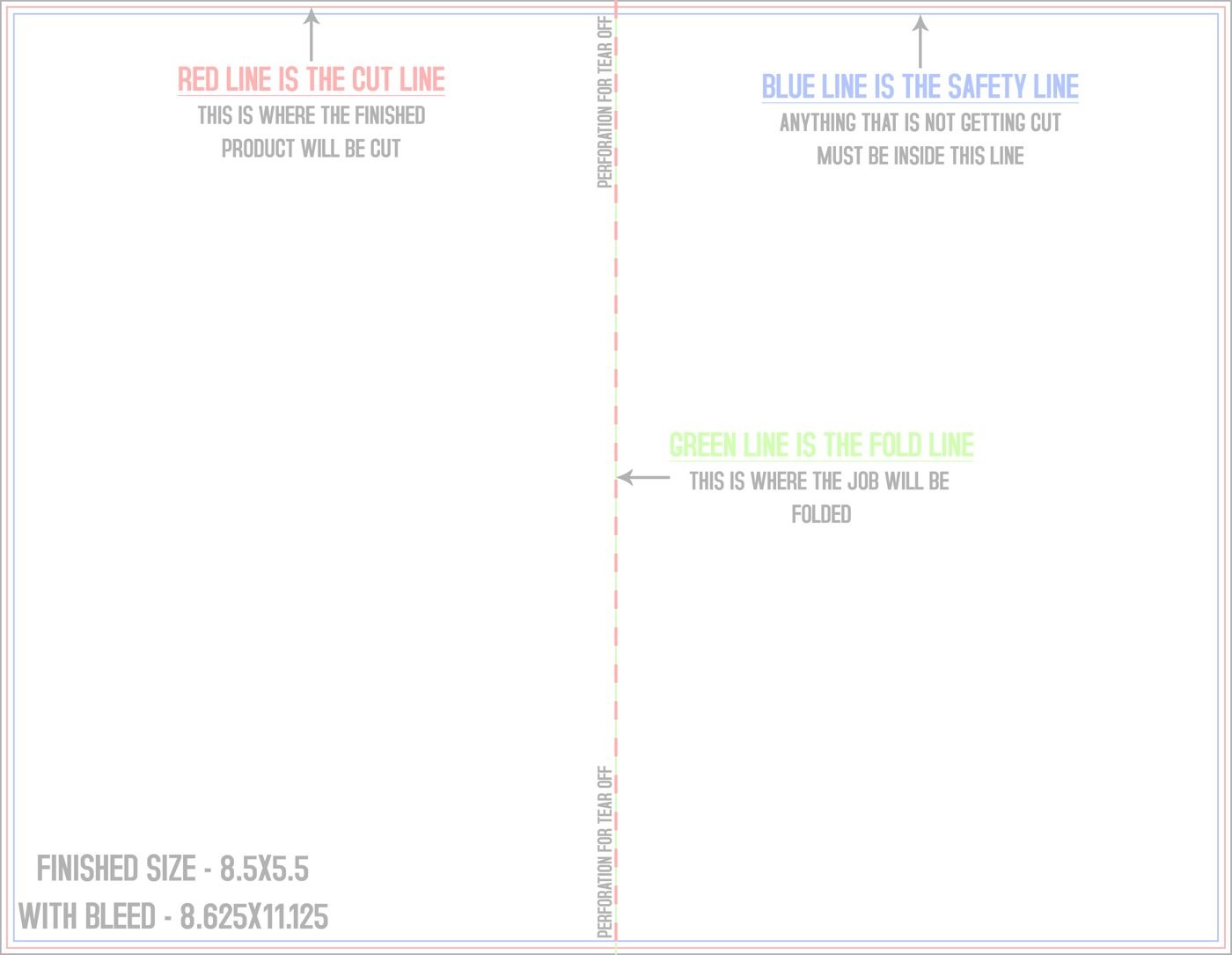 Flyers & Brochures 8.5" x 11" Half Fold and Perf on Fold (Horizontal) Landscape trim, safety and fold template guide