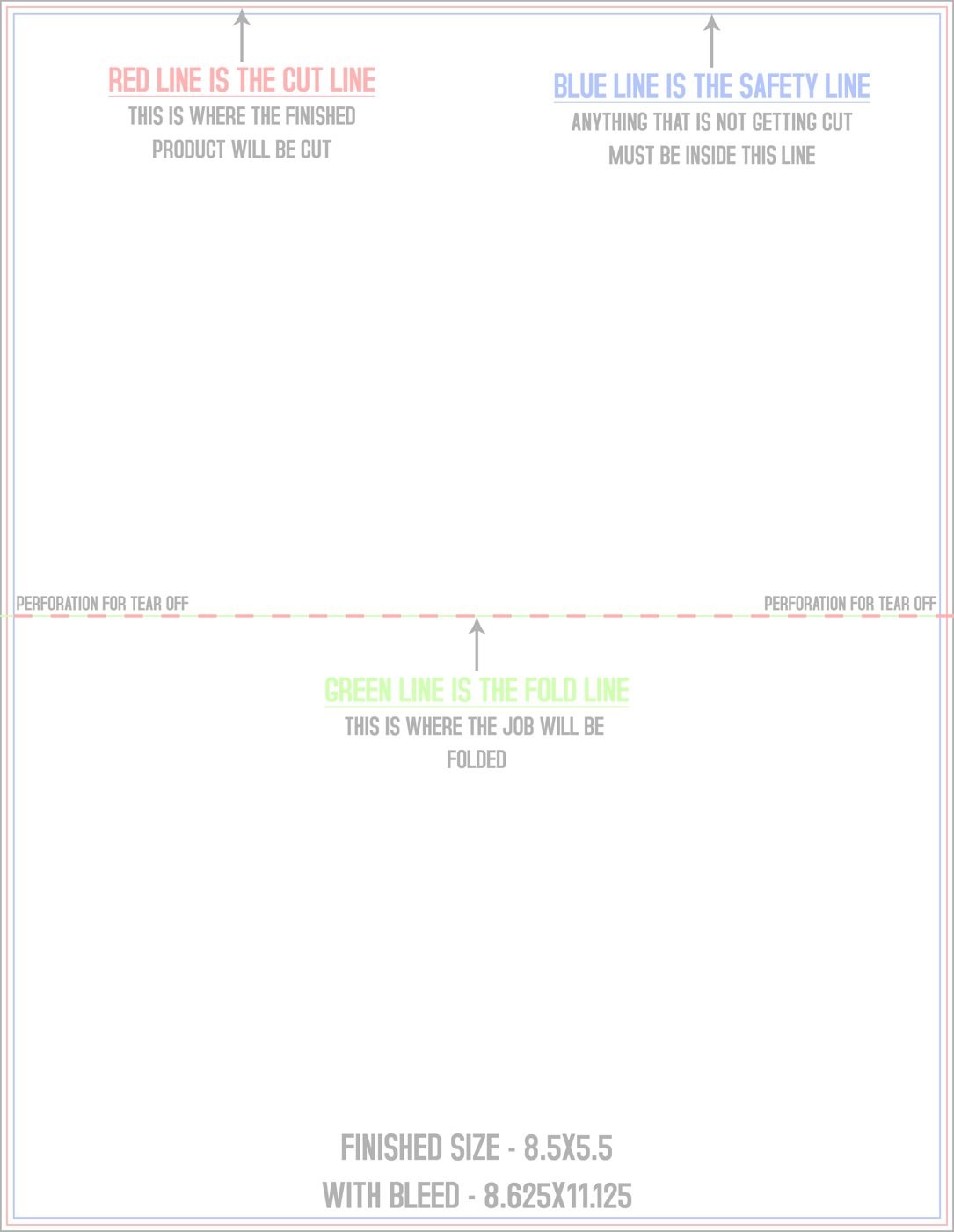 Flyers & Brochures 8.5" x 11" Half Fold and Perf on Fold (Horizontal) Portrait trim, safety and fold template guide
