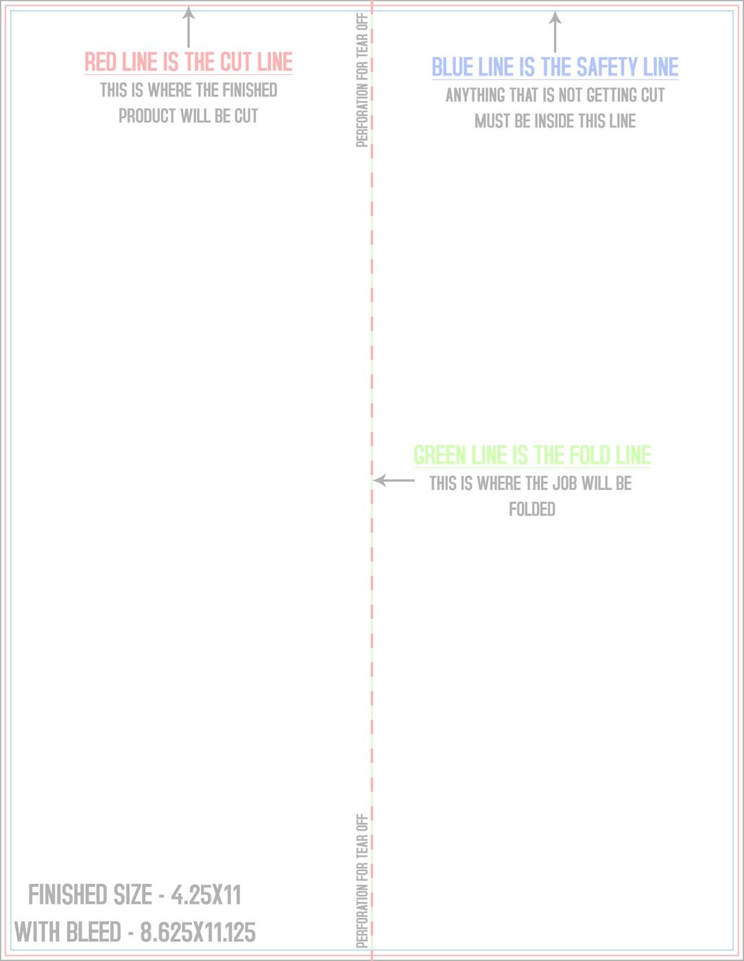 Flyers & Brochures 8.5" x 11" Half Fold and Perf on Fold (Vertical) Portrait trim, safety and fold template guide