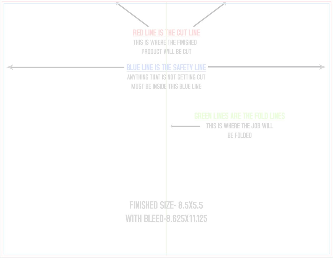 Flyers & Brochures 8.5" x 11" Half Fold (Horizontal) Landscape trim, safety and fold template guide