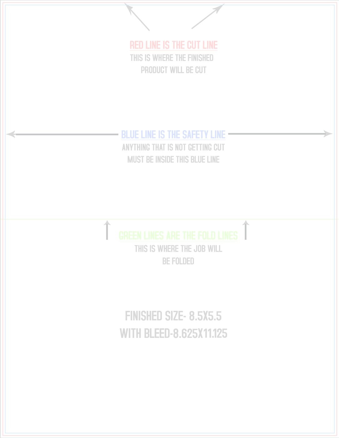 Flyers & Brochures 8.5" x 11" Half Fold (Horizontal) Portrait trim, safety and fold template guide