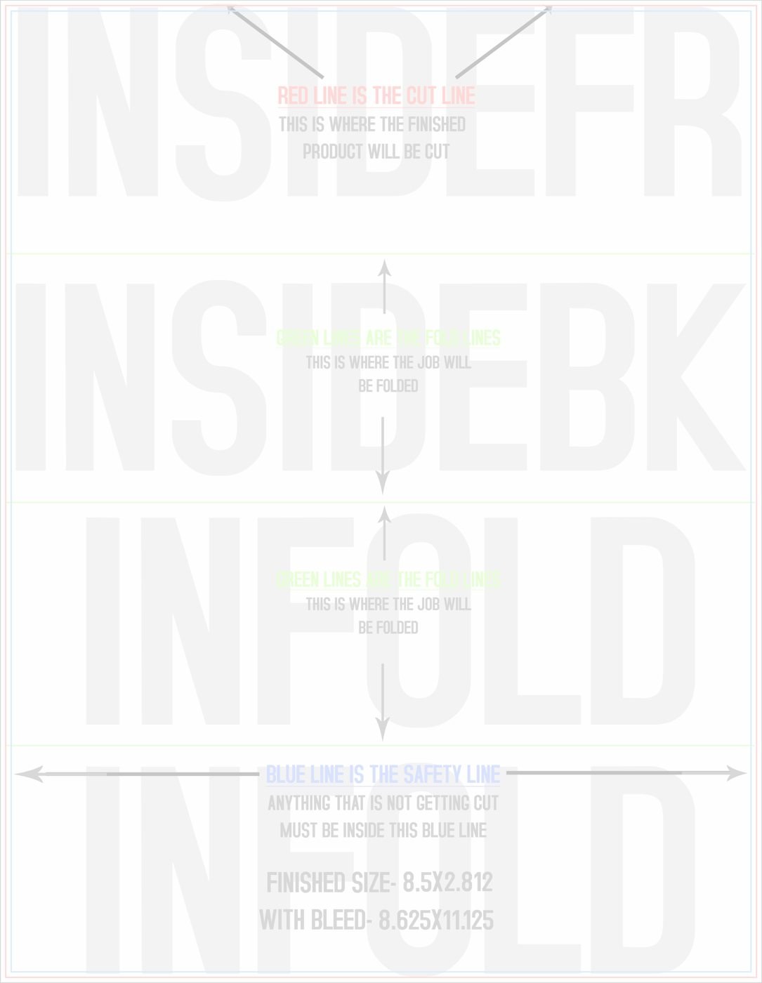 Flyers & Brochures 8.5" x 11" Roll Fold Back/Inside (Vertical) trim, safety and fold template guide