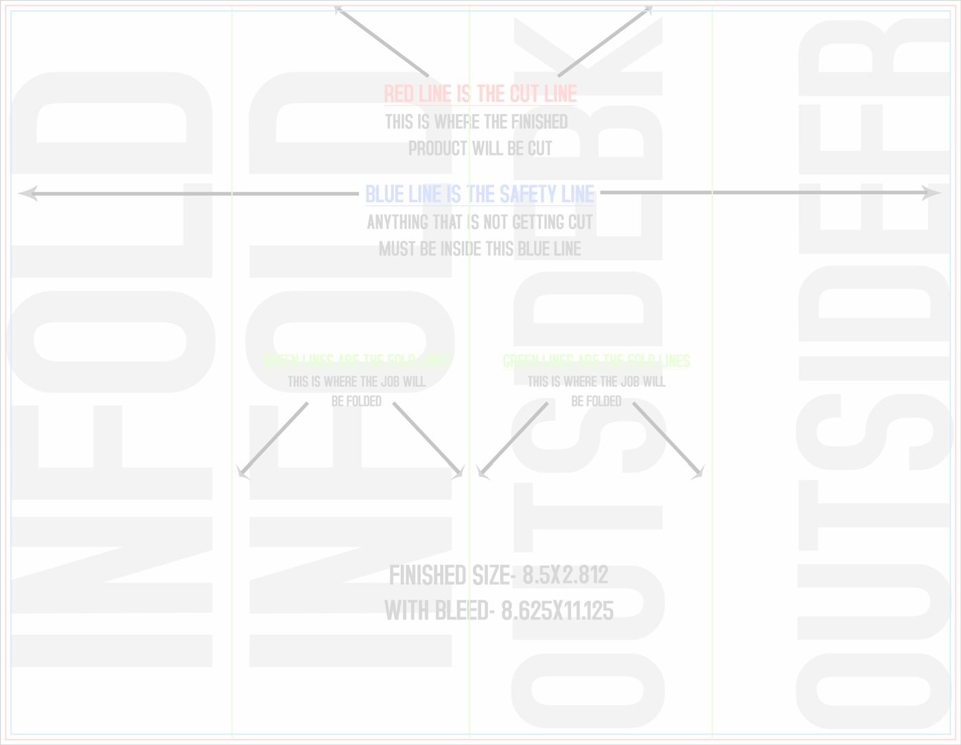 Flyers & Brochures 8.5" x 11" Roll Fold Front/Outside (Horizontal) trim, safety and fold template guide