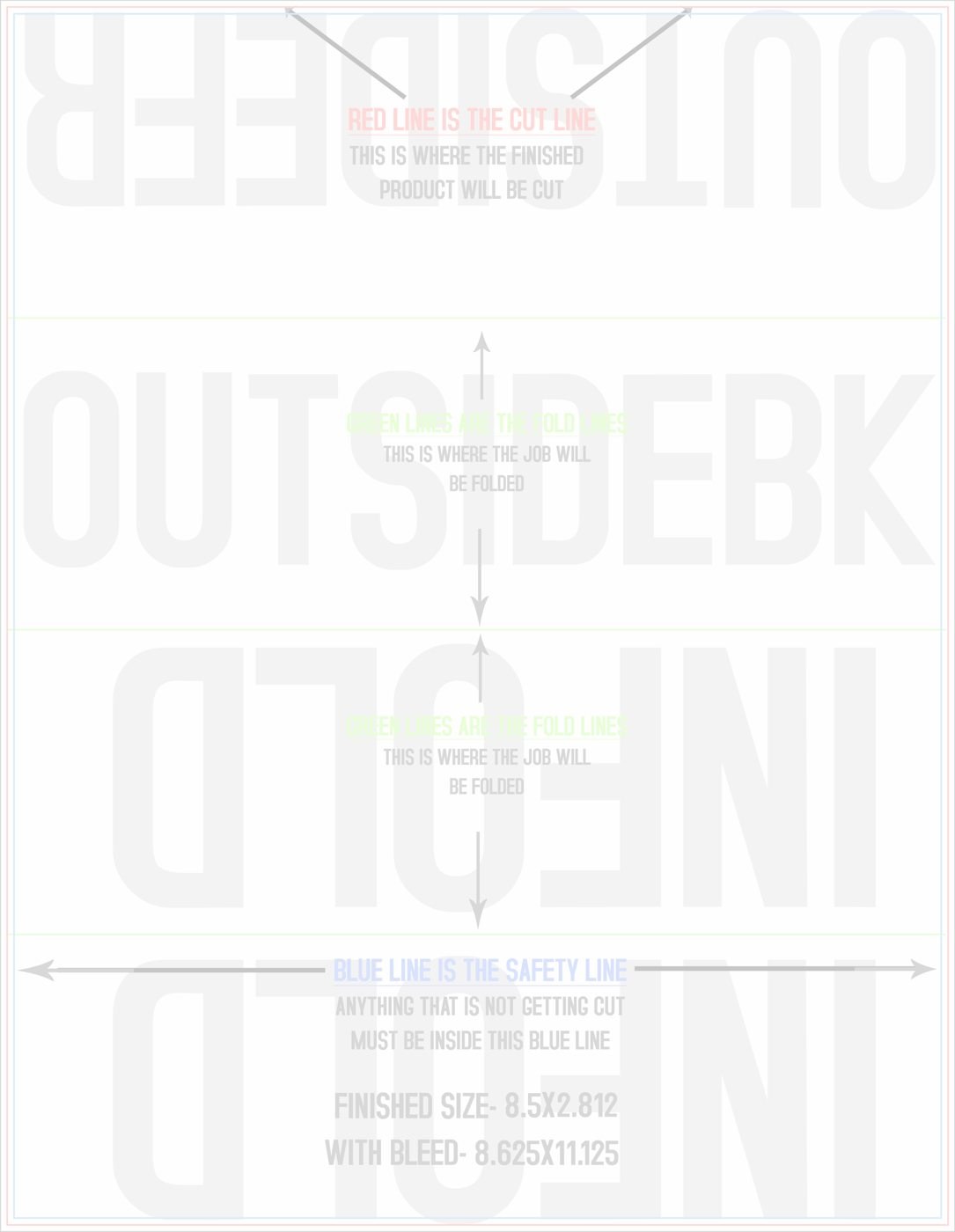 Flyers & Brochures 8.5" x 11" Roll Fold Front/Outside (Vertical) trim, safety and fold template guide