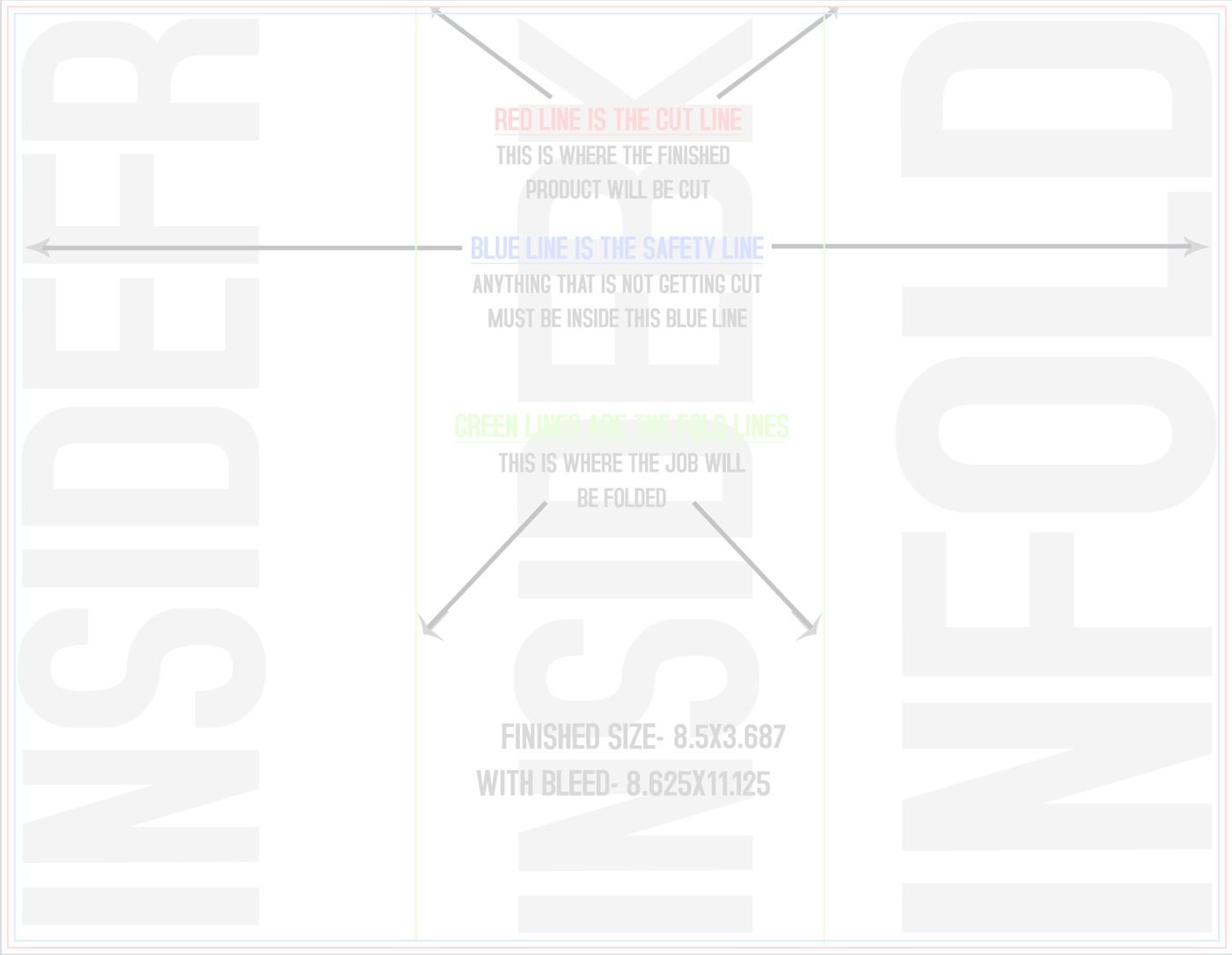 Flyers & Brochures 8.5" x 11" Tri Fold Back/Inside (Horizontal) trim, safety and fold template guide