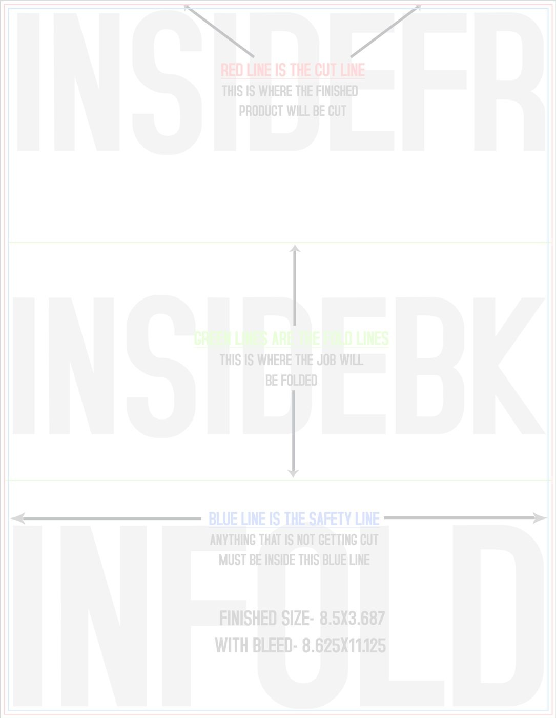 Flyers & Brochures 8.5" x 11" Tri Fold Back/Inside (Vertical) trim, safety and fold template guide