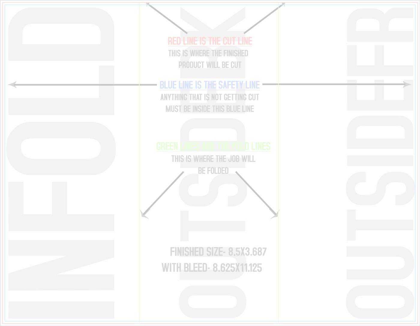Flyers & Brochures 8.5" x 11" Tri Fold Front/Outside (Horizontal) trim, safety and fold template guide
