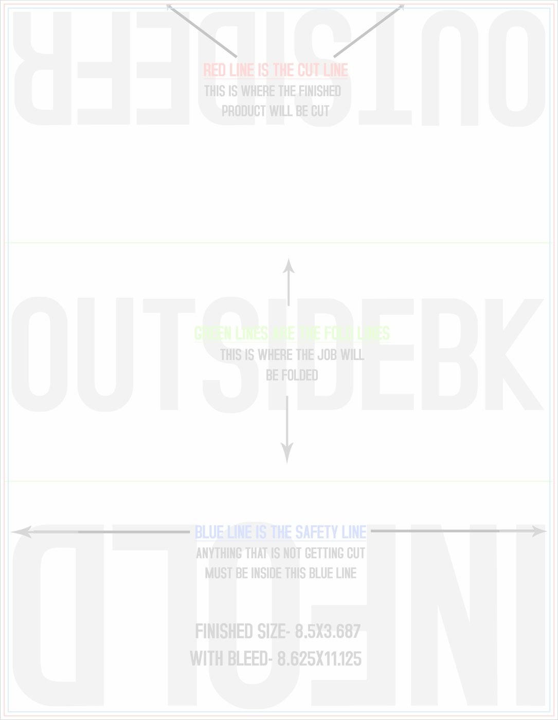 Flyers & Brochures 8.5" x 11" Tri Fold Front/Outside (Vertical) trim, safety and fold template guide