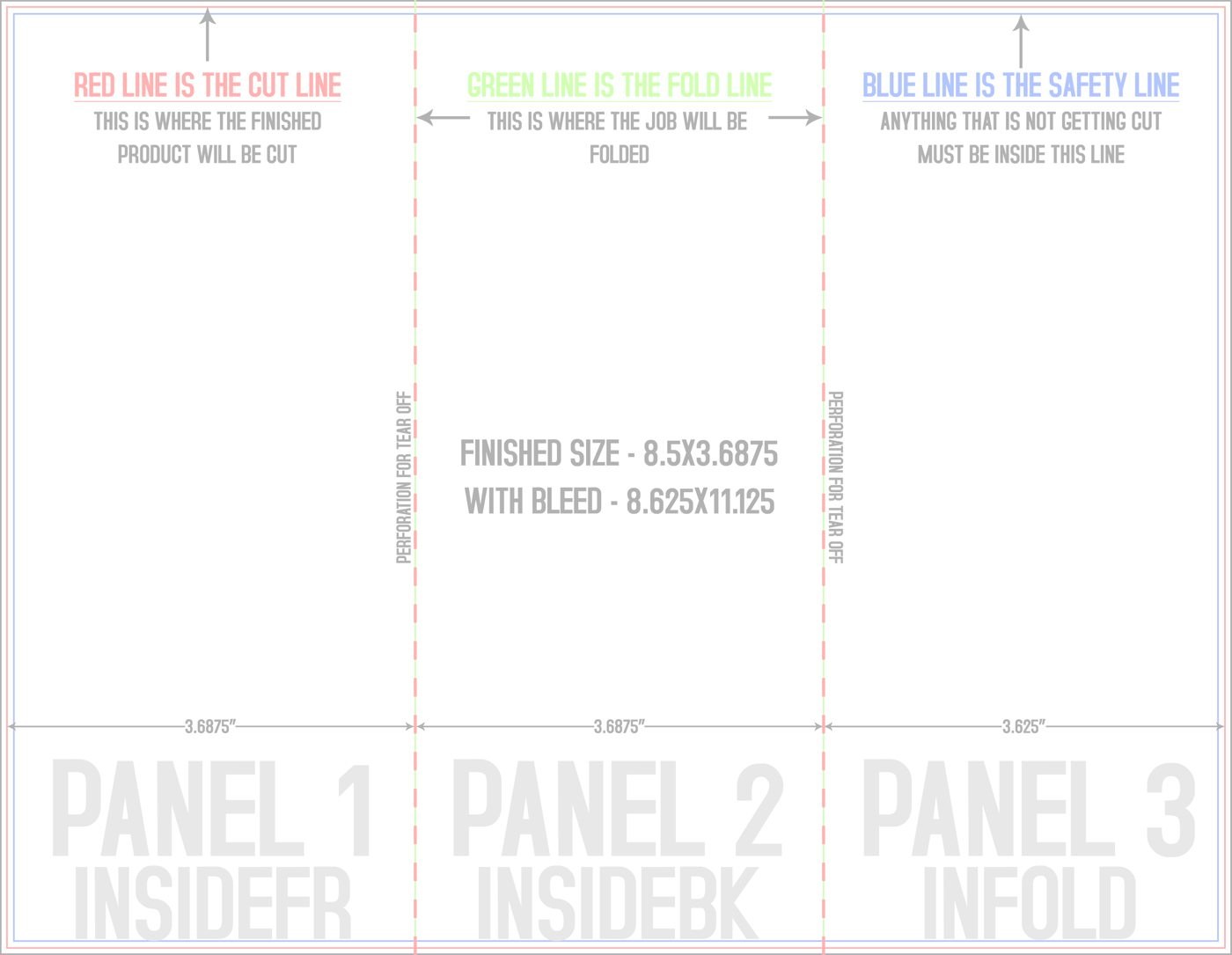 Flyers & Brochures 8.5" x 11" Tri Fold - Letter Fold and Perf on Fold Back/Inside (Horizontal) trim, safety and fold template guide