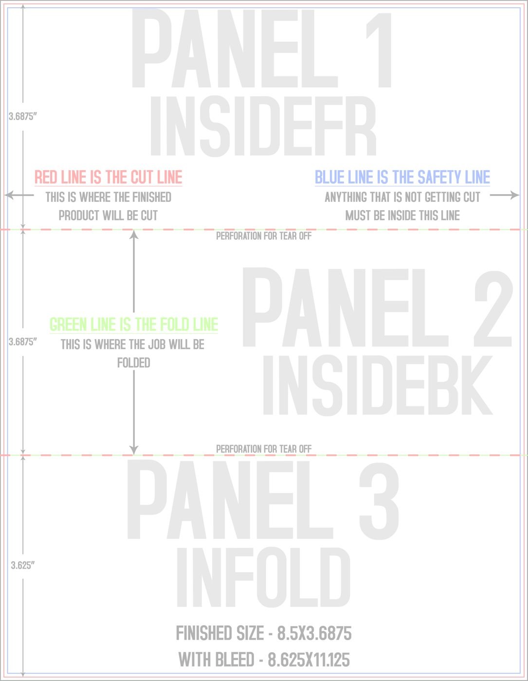 Flyers & Brochures 8.5" x 11" Tri Fold - Letter Fold and Perf on Fold Back/Inside (Vertical) trim, safety and fold template guide