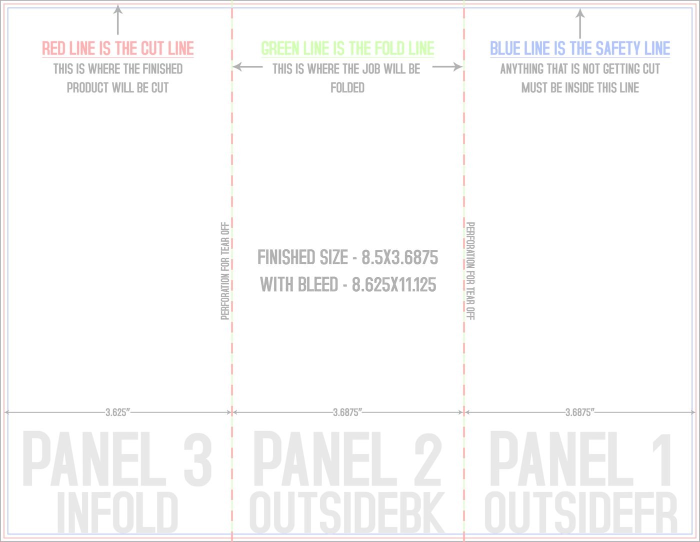 Flyers & Brochures 8.5" x 11" Tri Fold - Letter Fold and Perf on Fold Front/Outside (Horizontal) trim, safety and fold template guide