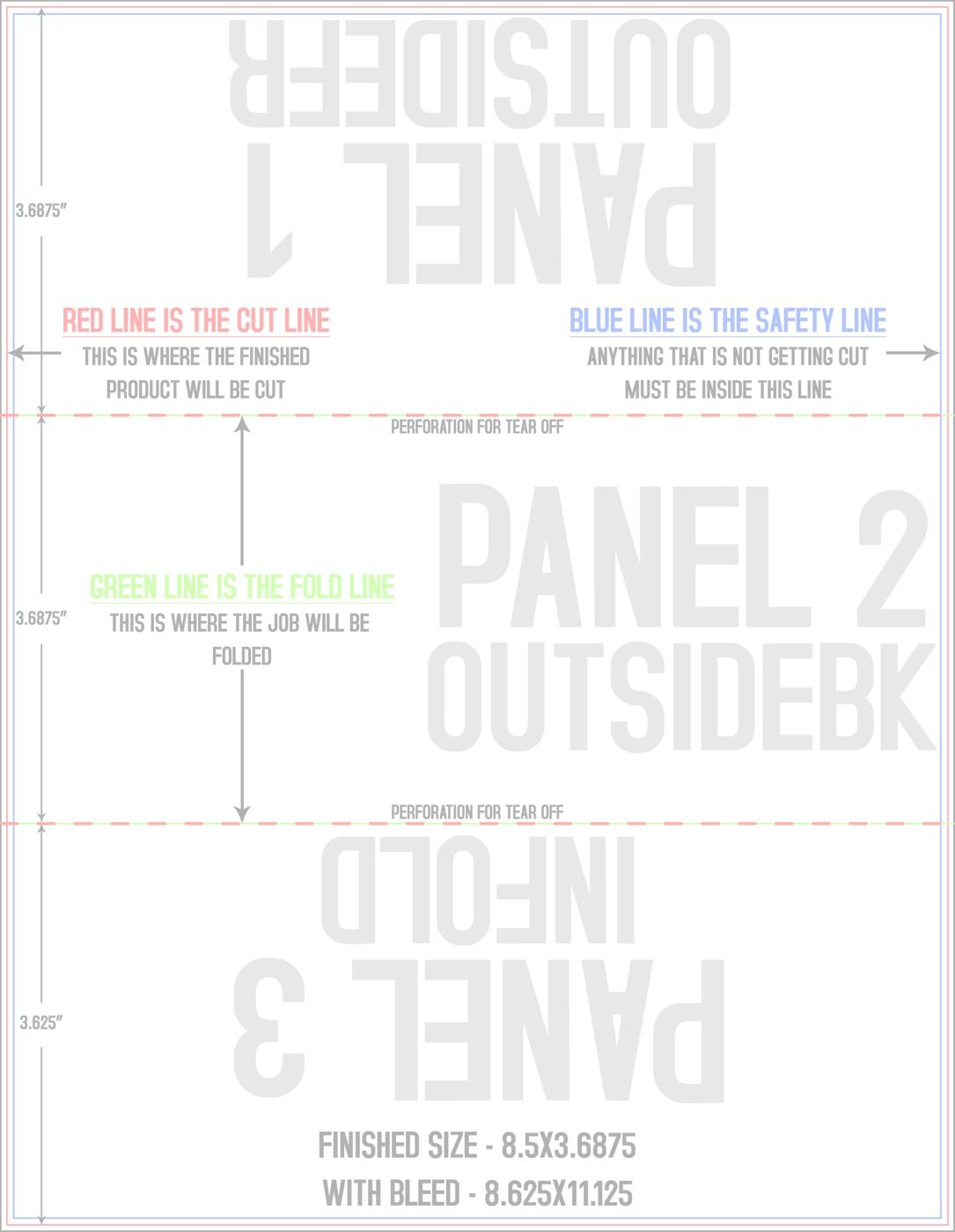Flyers & Brochures 8.5" x 11" Tri Fold - Letter Fold and Perf on Fold Front/Outside (Vertical) trim, safety and fold template guide