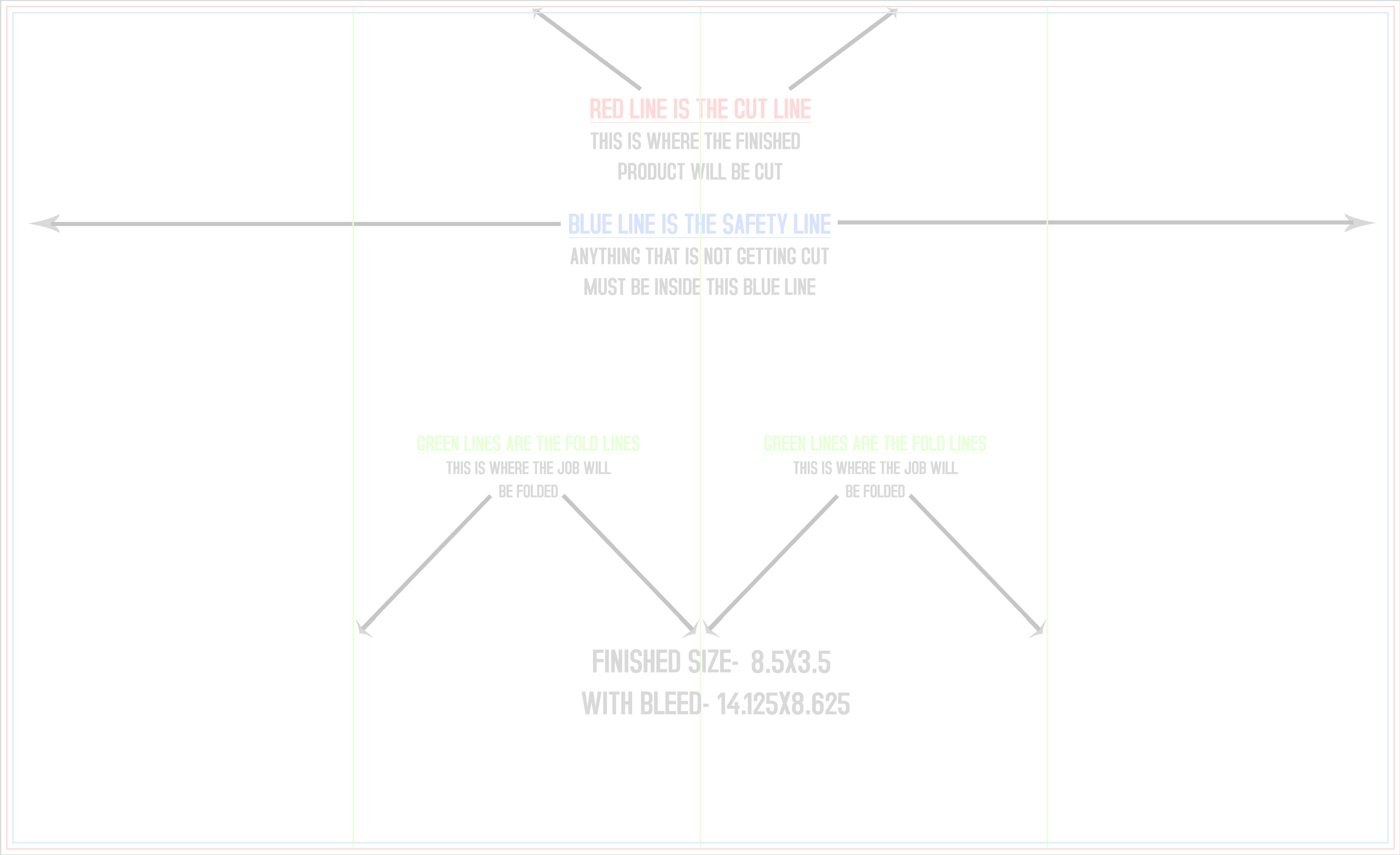 Flyers & Brochures 8.5" x 14" Accordion Fold (Horizontal) trim, safety and fold template guide