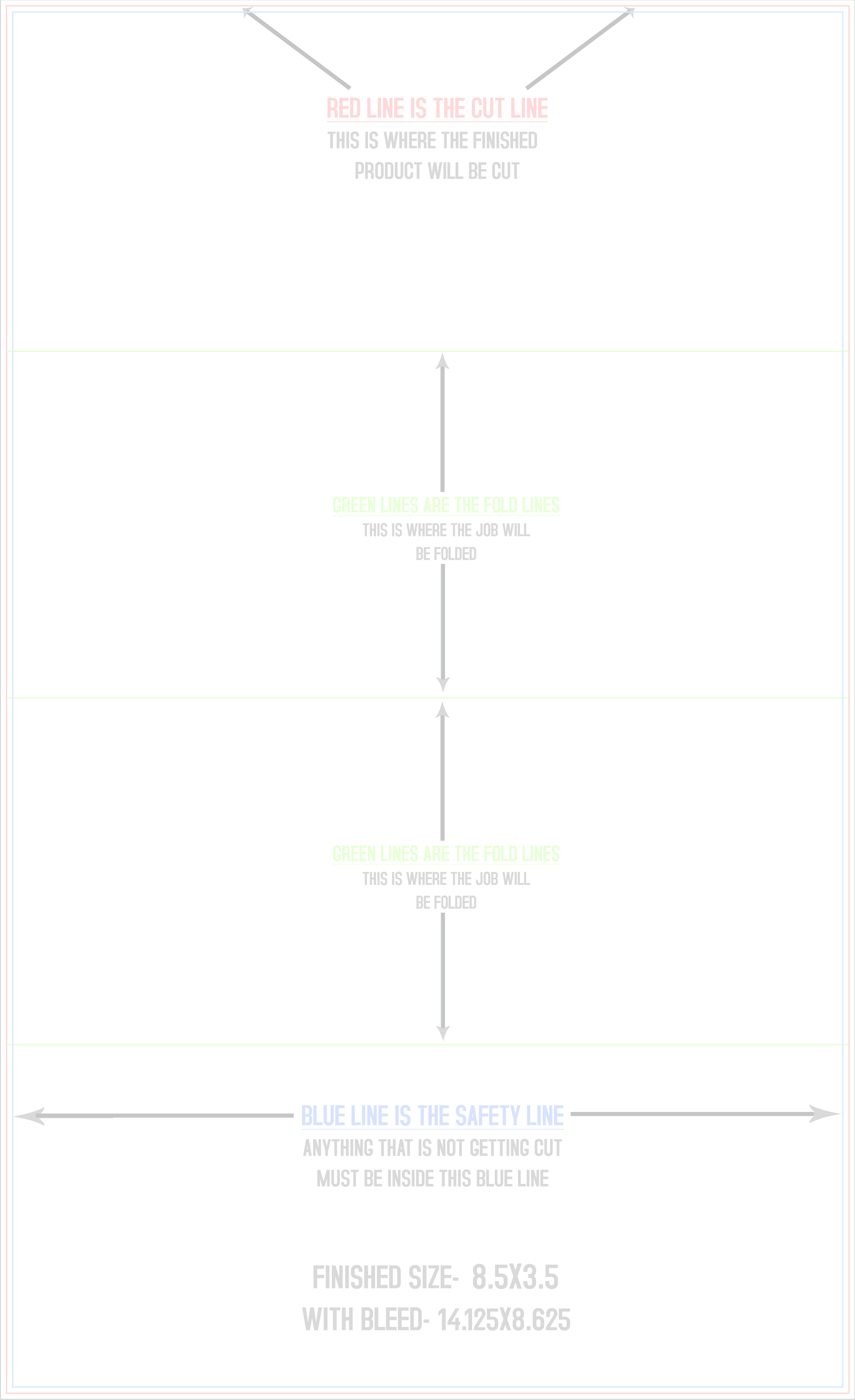 Flyers & Brochures 8.5" x 14" Accordion Fold (Vertical) trim, safety and fold template guide