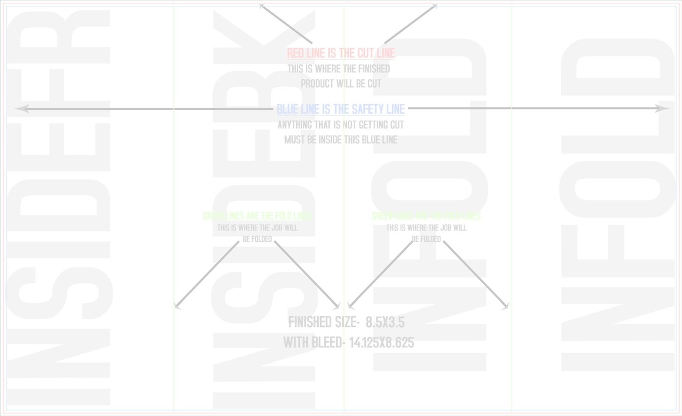Flyers & Brochures 8.5" x 14" Double Parallel Fold Back/Inside (Horizontal) trim, safety and fold template guide