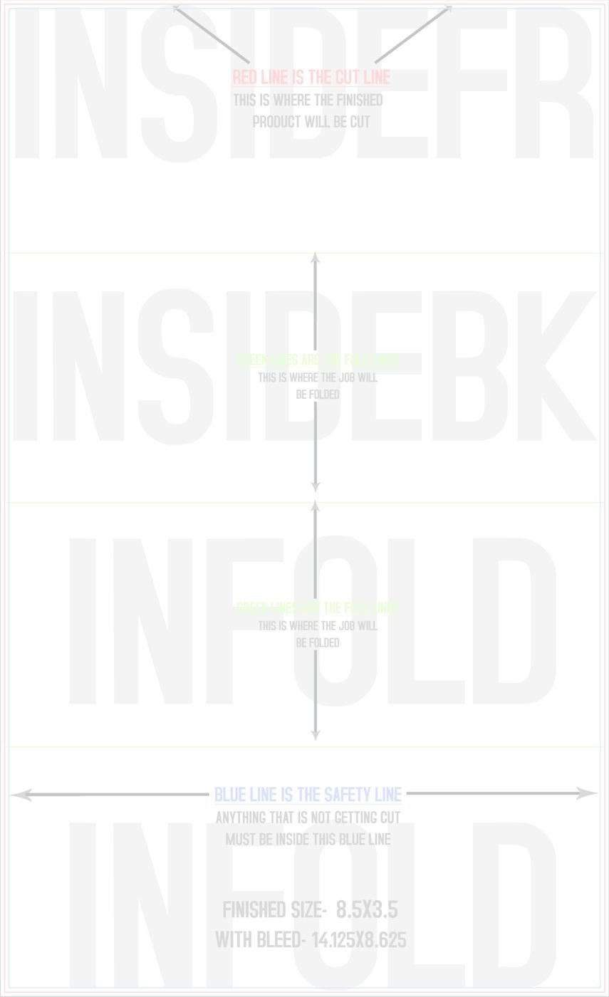 Flyers & Brochures 8.5" x 14" Double Parallel Fold Back/Inside (Vertical) trim, safety and fold template guide