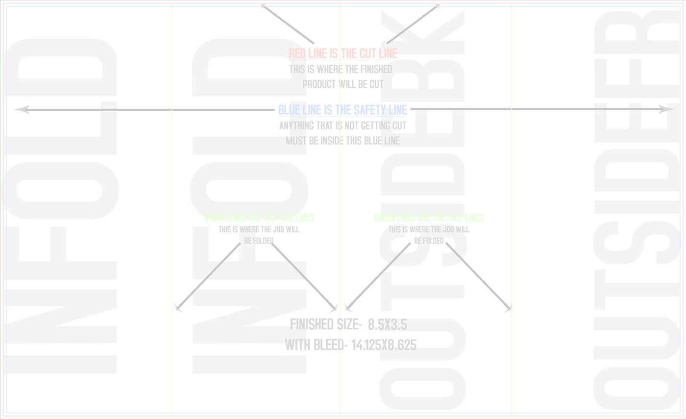 Flyers & Brochures 8.5" x 14" Double Parallel Fold Front/Outside (Horizontal) trim, safety and fold template guide