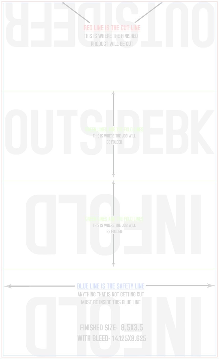 Flyers & Brochures 8.5" x 14" Double Parallel Fold Front/Outside (Vertical) trim, safety and fold template guide