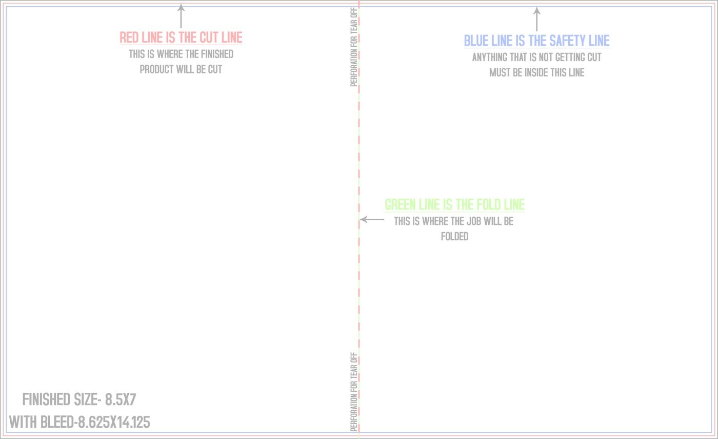 Flyers & Brochures 8.5" x 14" Half Fold and Perf on Fold (Horizontal) Landscape trim, safety and fold template guide