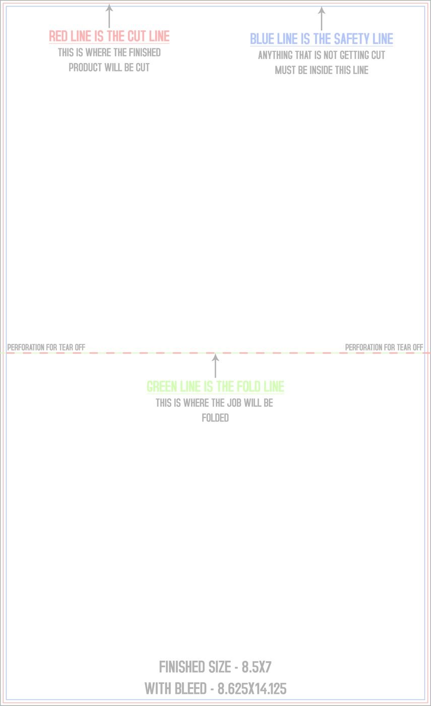 Flyers & Brochures 8.5" x 14" Half Fold and Perf on Fold (Horizontal) Portrait trim, safety and fold template guide