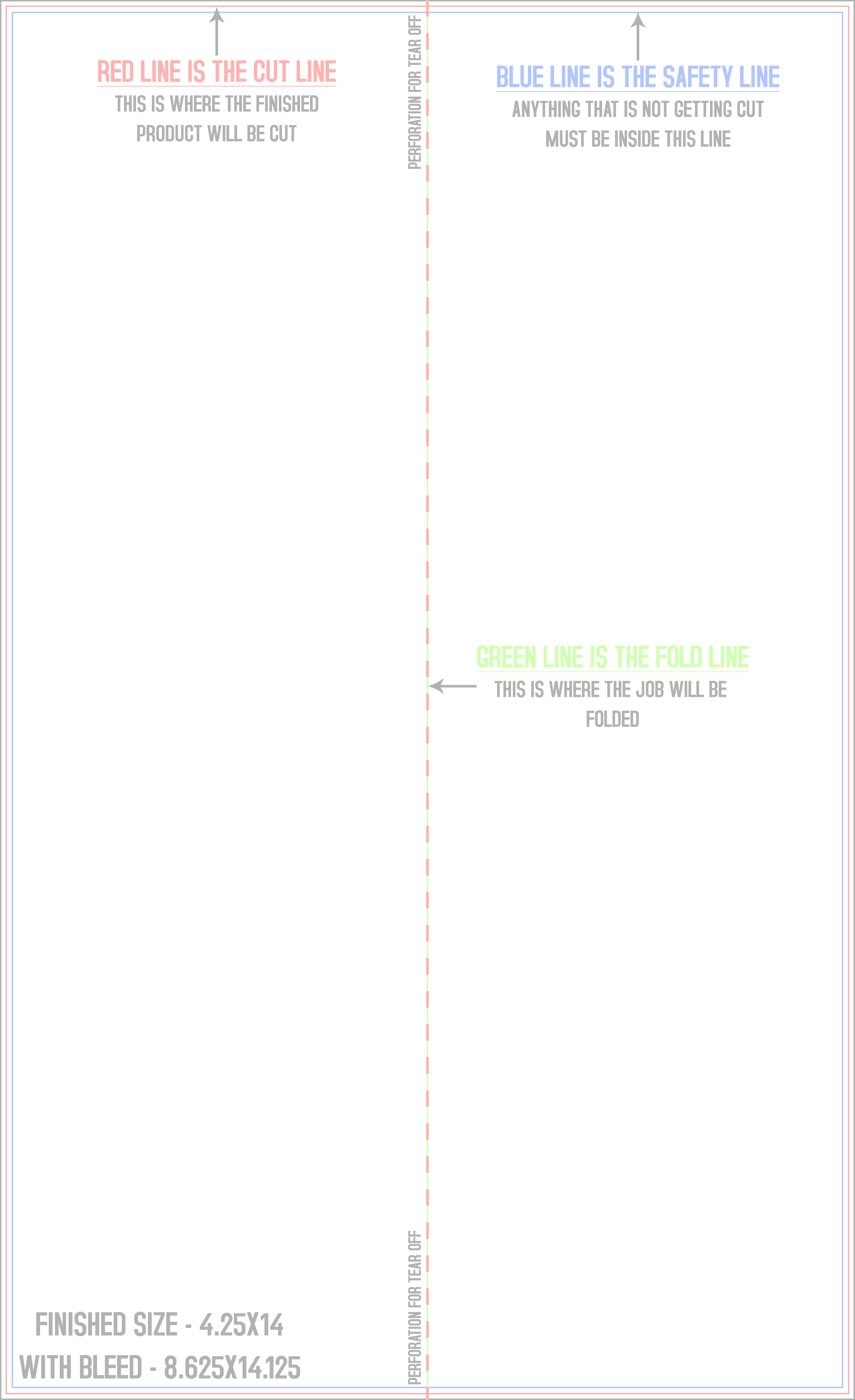 Flyers & Brochures 8.5" x 14" Half Fold and Perf on Fold (Vertical) Portrait trim, safety and fold template guide