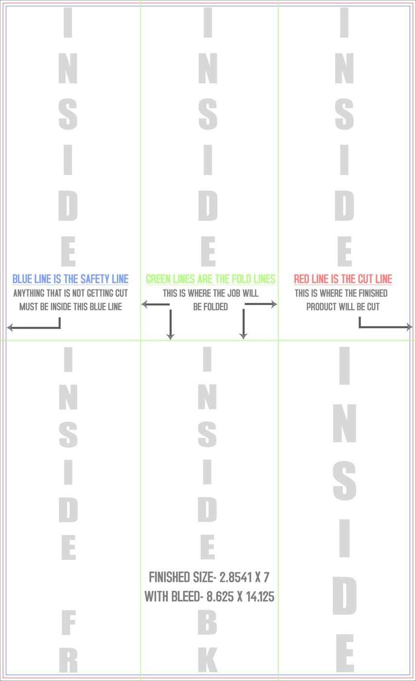Flyers & Brochures 8.5" x 14" Half Fold - Tri Fold Back/Inside trim, safety and fold template guide