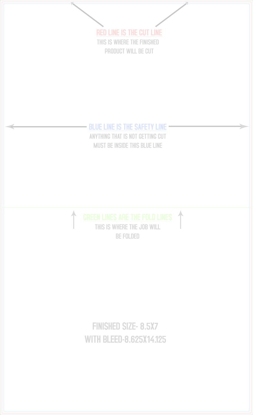 Flyers & Brochures 8.5" x 14" Half Fold Vertical trim, safety and fold template guide