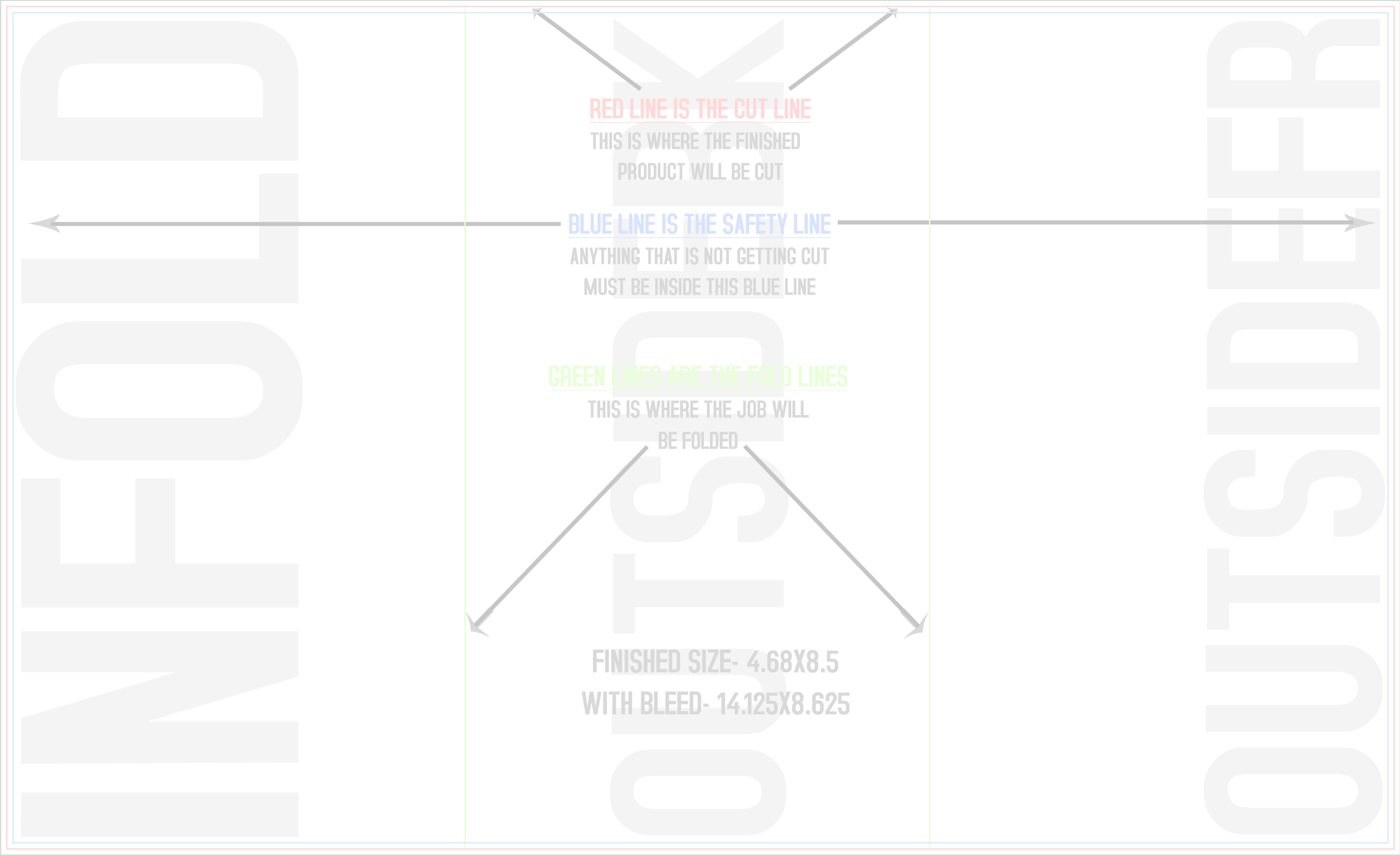 Flyers & Brochures 8.5" x 14" Horizontal( front/outside) trim, safety and fold template guide