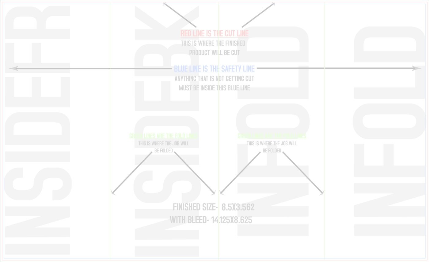 Flyers & Brochures 8.5" x 14" Roll Fold Back/Inside (Horizontal) trim, safety and fold template guide