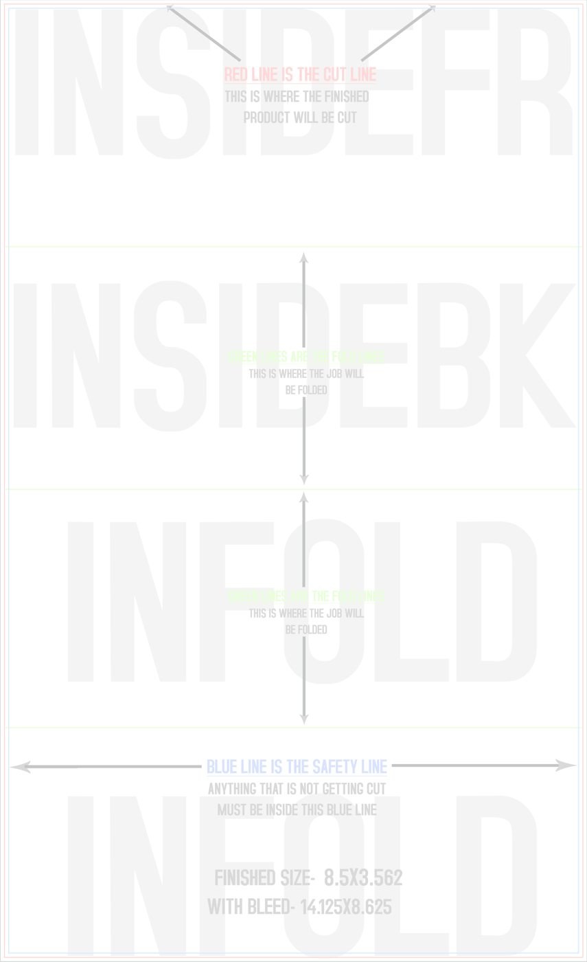 Flyers & Brochures 8.5" x 14" Roll Fold Back/Inside (Vertical) trim, safety and fold template guide