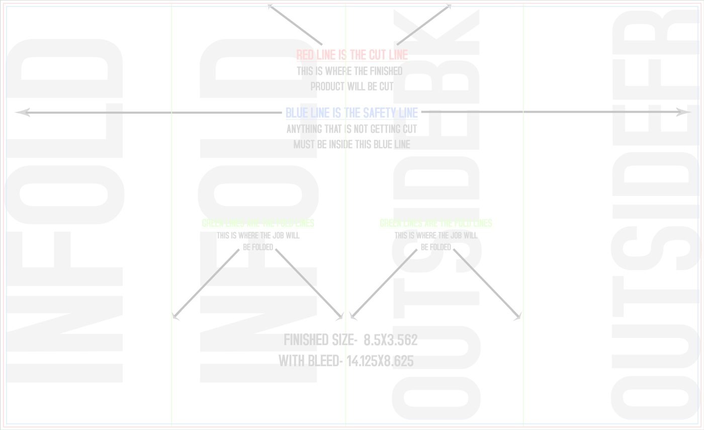 Flyers & Brochures 8.5" x 14" Roll Fold Front/Outside (Horizontal) trim, safety and fold template guide