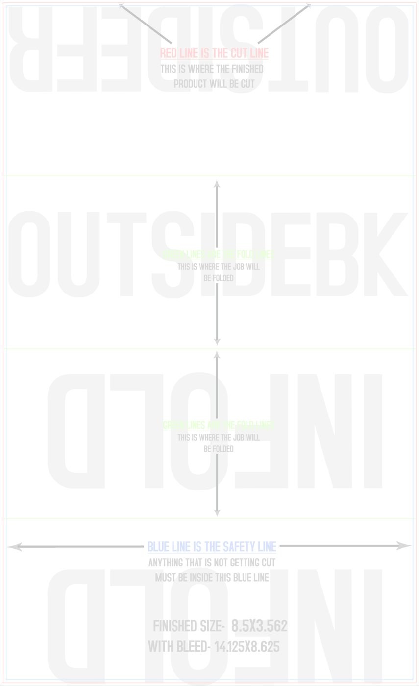 Flyers & Brochures 8.5" x 14" Roll Fold Front/Outside (Vertical) trim, safety and fold template guide