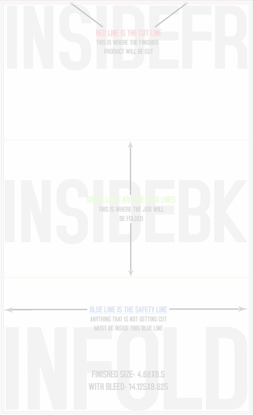 Flyers & Brochures 8.5" x 14" Tri Fold Back/Inside (Vertical) trim, safety and fold template guide