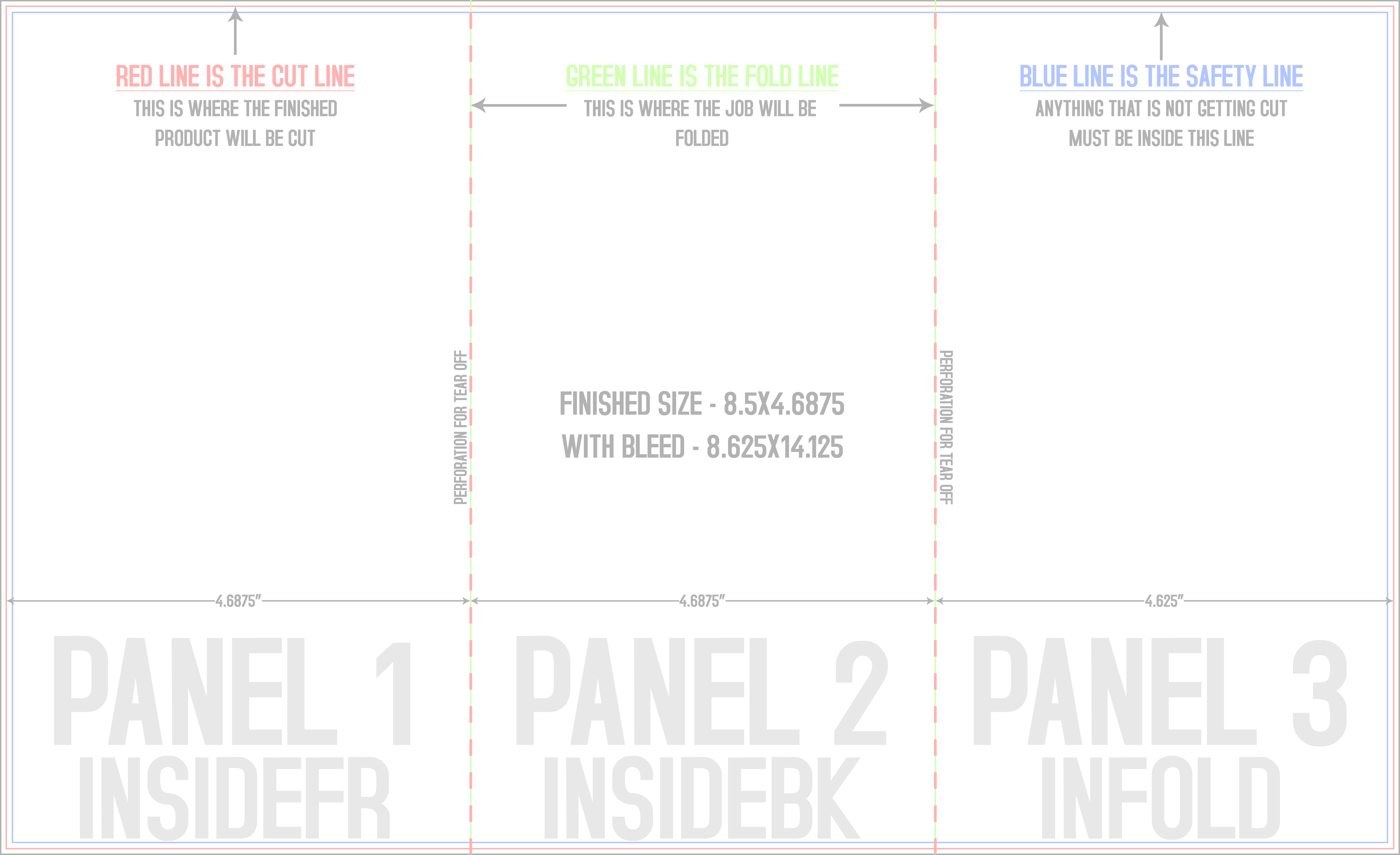 Flyers & Brochures 8.5" x 14" Tri Fold - Letter Fold and Perf on Fold Back/Inside (Horizontal) trim, safety and fold template guide