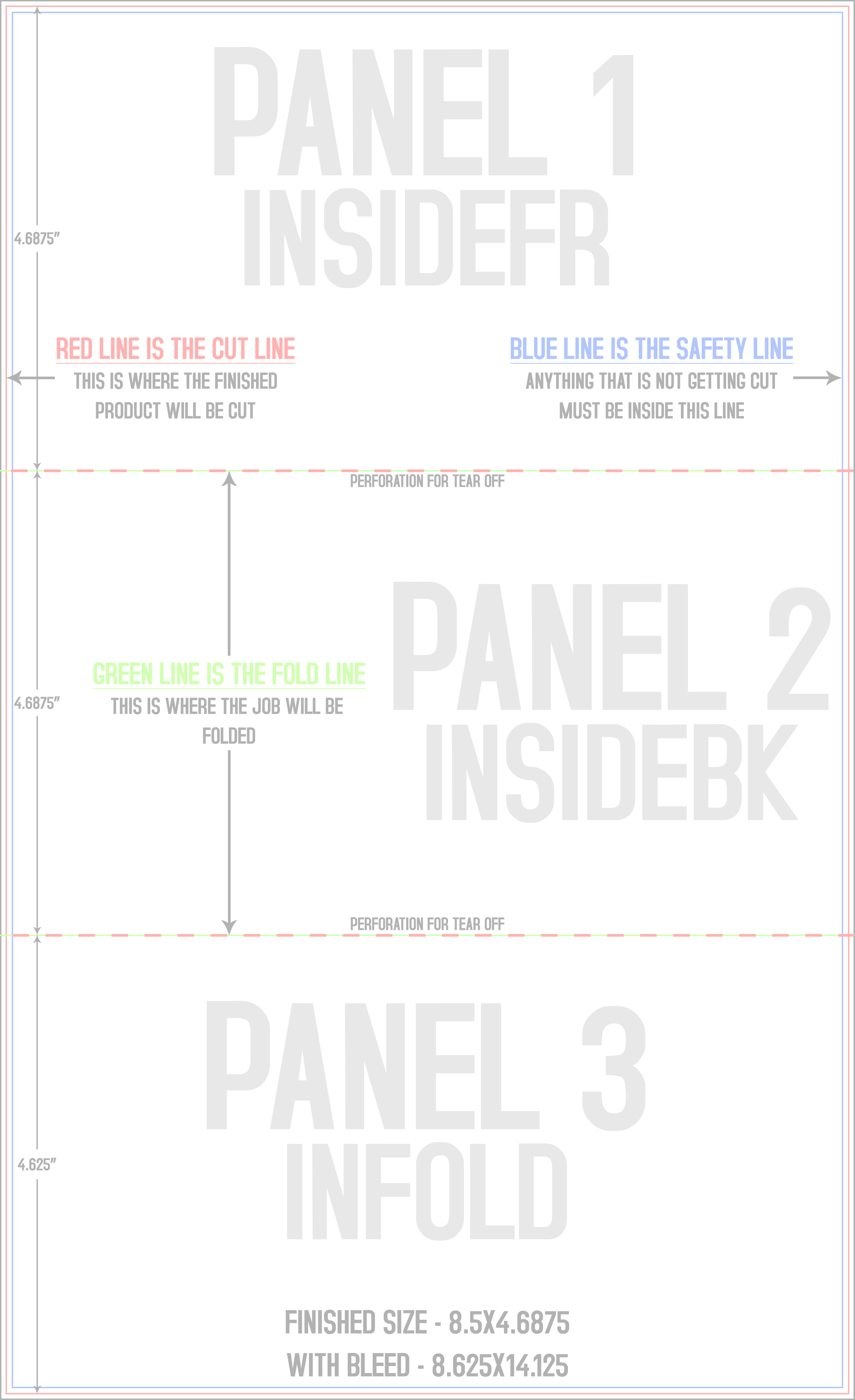 Flyers & Brochures 8.5" x 14" Tri Fold - Letter Fold and Perf on Fold Back/Inside (Vertical) trim, safety and fold template guide
