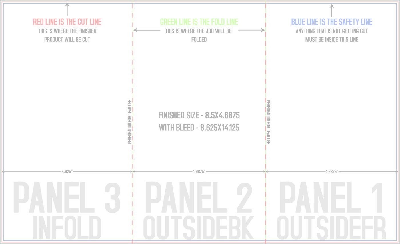 Flyers & Brochures 8.5" x 14" Tri Fold - Letter Fold and Perf on Fold Front/Outside (Horizontal) trim, safety and fold template guide